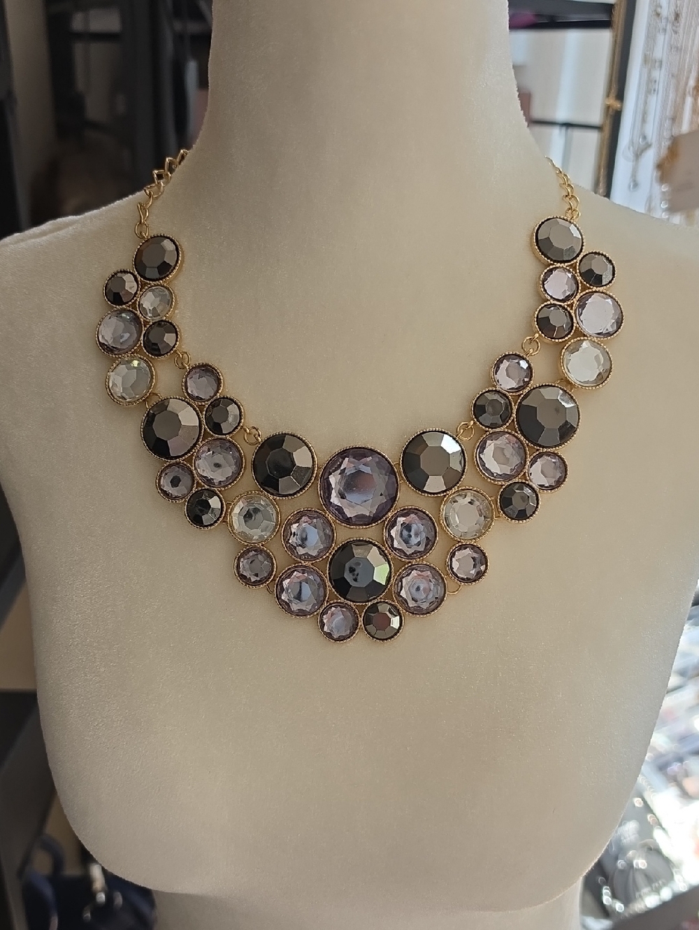 INC International Concepts Gold Tone Necklace with Lavender and Black Gems